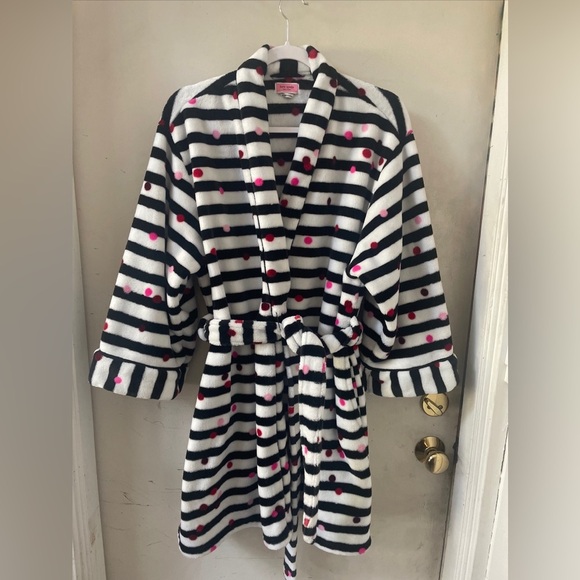 Kate Spade NY Long Sleeve Chenille PlushRobe Confetti Stripe Black White Pink - Picture 1 of 8